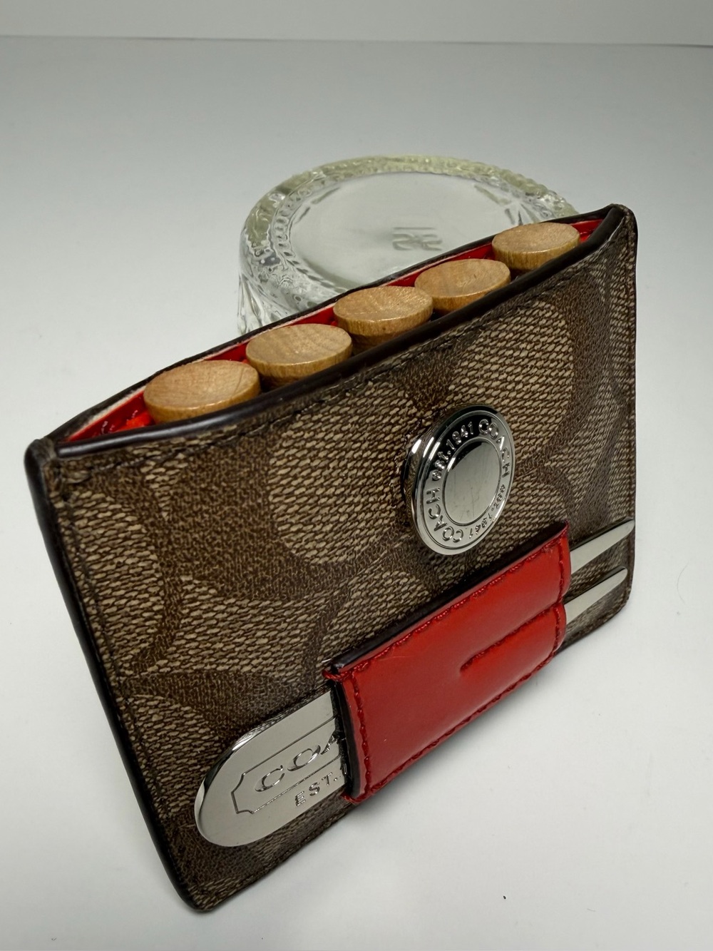 Vintage COACH Signature Golf Tee Holder Wallet Divot Tool Ball Marker Tan Red - Picture 2 of 4